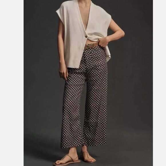 Anthropologie Maeve 30 NWT The Colette Cropped Linen Wide-Leg Pants Black Floral